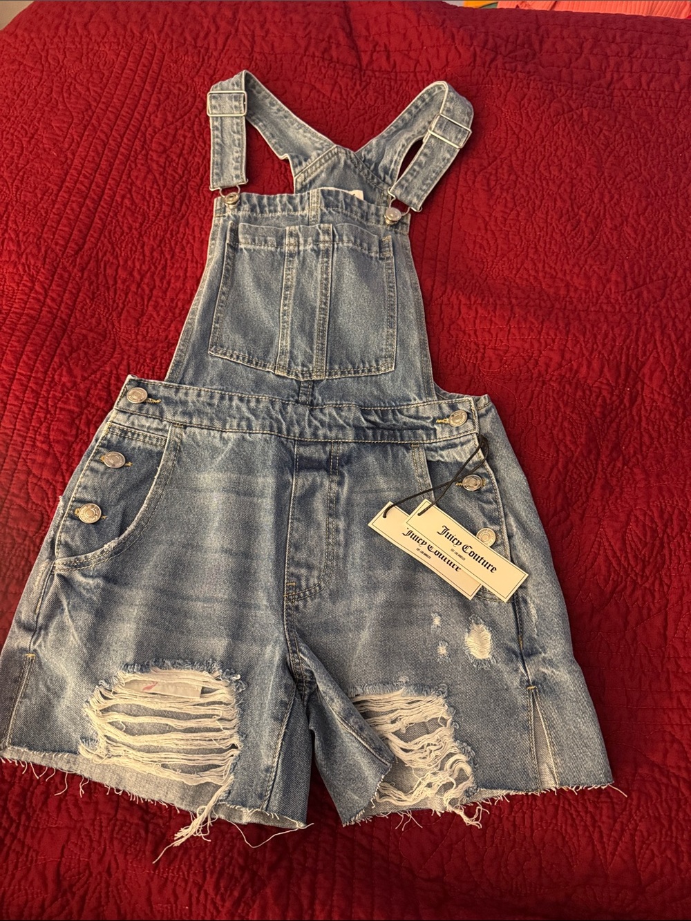 Juicy Couture Light Wash Distressed Denim Short Overalls
